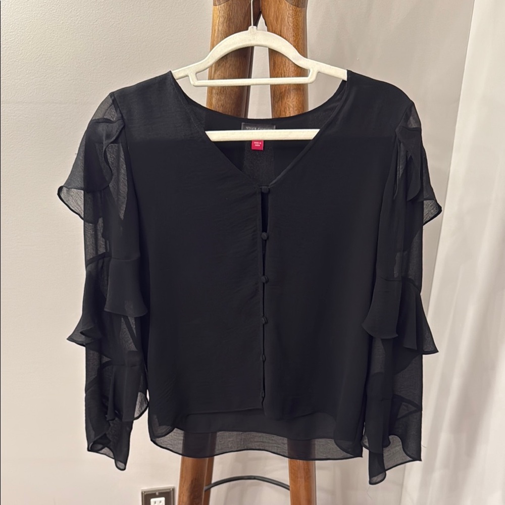 Vince Camuto Black Ruffled Blouse with Flutter Sleeves